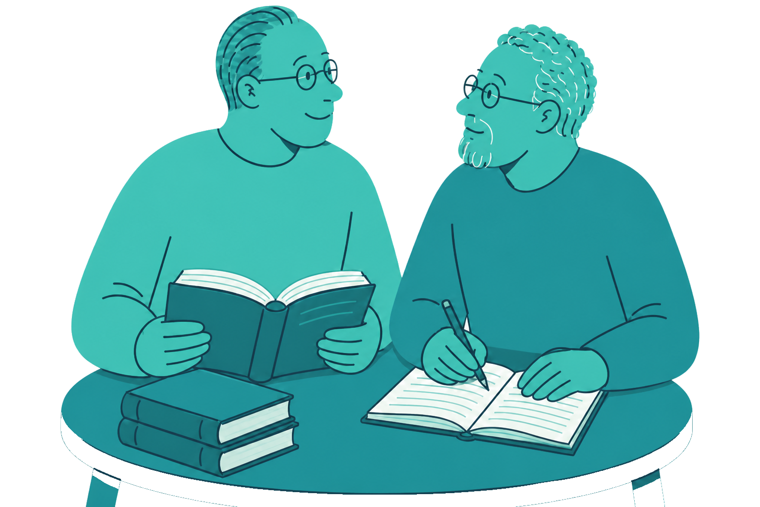 Deux théologiens lisent et commentent un livre ouvert