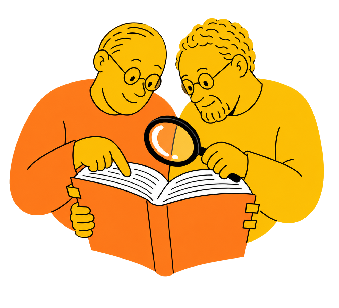 Deux lecteurs consultent un dictionnaire biblique avec une loupe