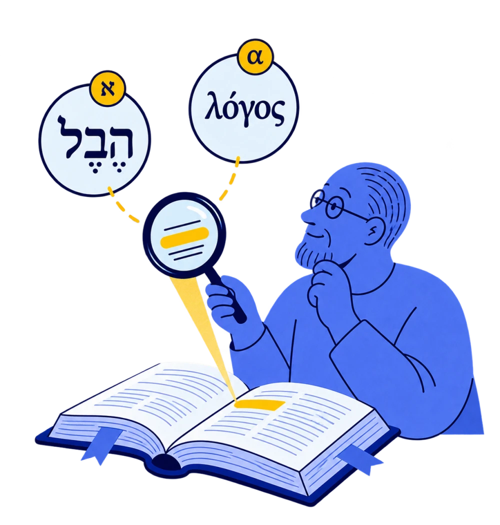 Un lecteur explore les mots hébreux et grecs d’une Bible avec une loupe